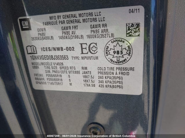 Aukcja sprzedaży 2011 Chevrolet Traverse Lt, vin: 1GNKVGED0BJ363563, numer aukcji: 40067209