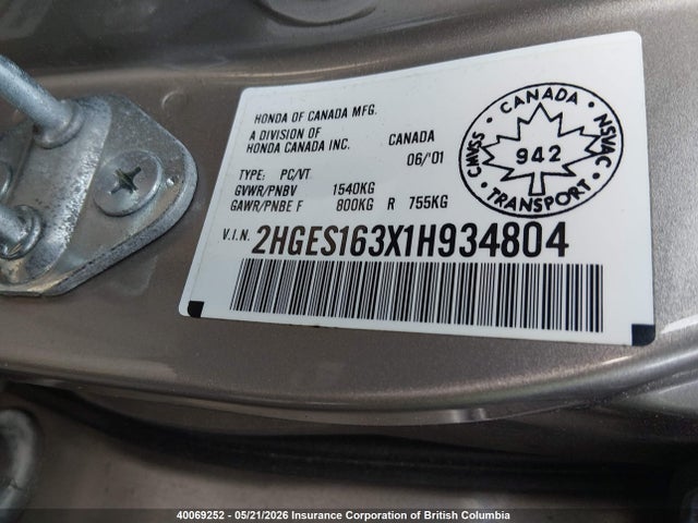 Продажа на аукционе авто 2001 Honda Civic Dx, vin: 2HGES163X1H934804, номер лота: 40069252