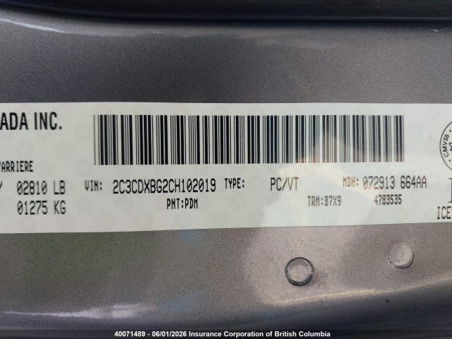 40071489 :رقم المزاد ، 2C3CDXBG2CH102019 vin ، 2012 Dodge Charger Se مزاد بيع