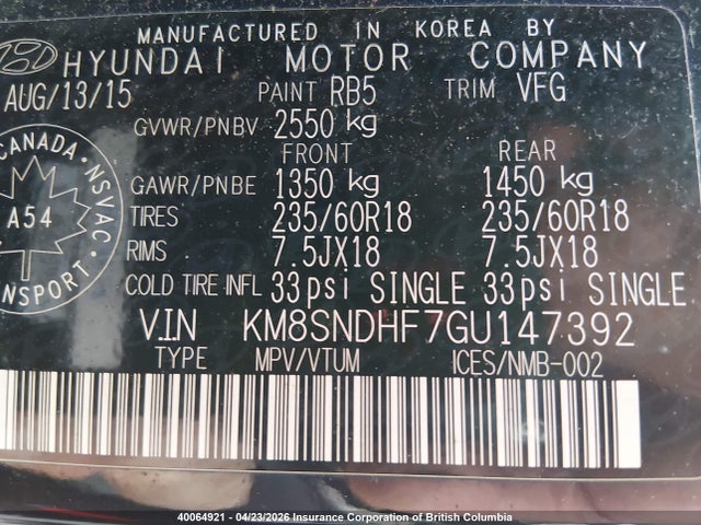 2016 Hyundai Santa Fe Se/limited მანქანა იყიდება აუქციონზე, vin: KM8SNDHF7GU147392, აუქციონის ნომერი: 40064921