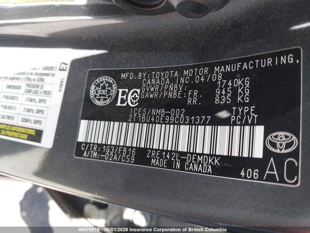 40070819 :رقم المزاد ، 2T1BU40E99C031377 vin ، 2009 Toyota Corolla S/le/xle مزاد بيع