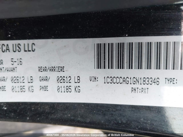 2016 Chrysler 200 Limited მანქანა იყიდება აუქციონზე, vin: 1C3CCCAG1GN183346, აუქციონის ნომერი: 40067000
