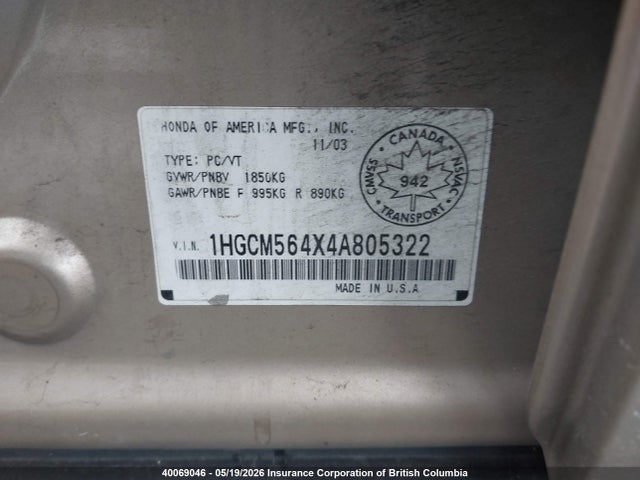 Aukcja sprzedaży 2004 Honda Accord Lx, vin: 1HGCM564X4A805322, numer aukcji: 40069046