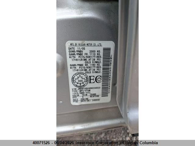 Aukcja sprzedaży 2006 Nissan X-trail Xe/se, vin: JN8BT08V46W204620, numer aukcji: 40071526