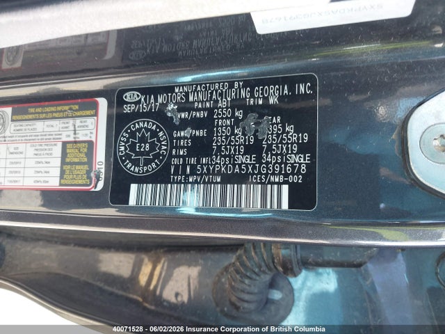2018 Kia Sorento 3.3l Sx/3.3l Sxl მანქანა იყიდება აუქციონზე, vin: 5XYPKDA5XJG391678, აუქციონის ნომერი: 40071528