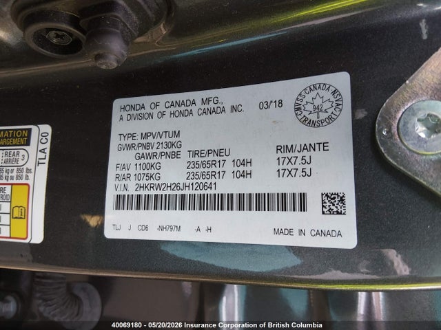 Aukcja sprzedaży 2018 Honda Cr-v Lx, vin: 2HKRW2H26JH120641, numer aukcji: 40069180