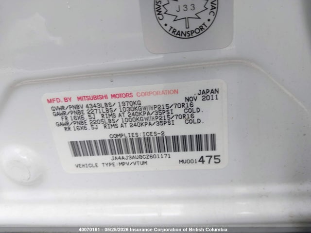 Aukcja sprzedaży 2012 Mitsubishi Rvr Se, vin: JA4AJ3AU8CZ601171, numer aukcji: 40070181