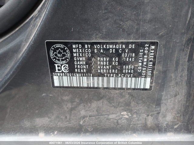 Продажа на аукционе авто 2019 Volkswagen Jetta, vin: 3VWN57BU1KM011179, номер лота: 40071561