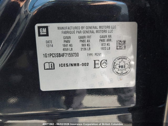 Продаж на аукціоні авто 2015 Chevrolet Cruze, vin: 1G1PC5SB4F7159730, номер лоту: 40071562