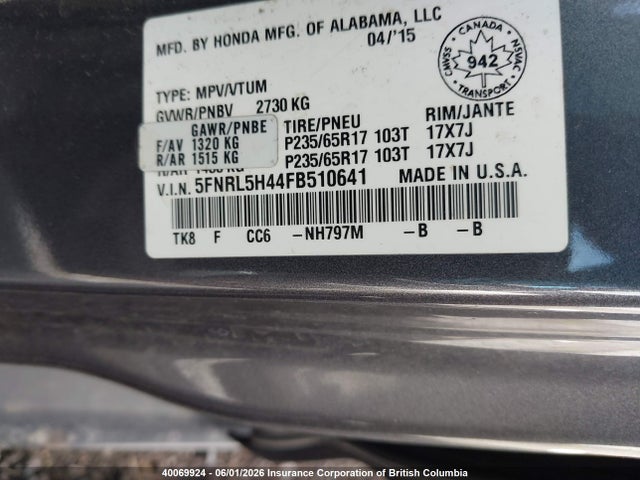 40069924 :رقم المزاد ، 5FNRL5H44FB510641 vin ، 2015 Honda Odyssey Ex مزاد بيع