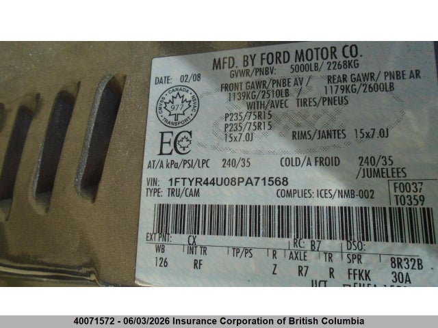 40071572 :رقم المزاد ، 1FTYR44U08PA71568 vin ، 2008 Ford Ranger Super Cab مزاد بيع