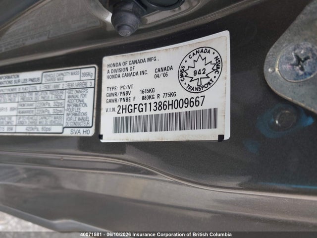 Продажа на аукционе авто 2006 Honda Civic, vin: 2HGFG11386H009667, номер лота: 40071581