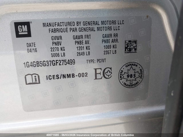 40071585 :رقم المزاد ، 1G4GB5G37GF275499 vin ، 2016 Buick Lacrosse مزاد بيع