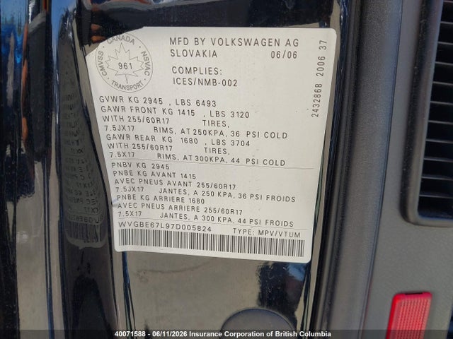 40071588 :رقم المزاد ، WVGBE67L97D005824 vin ، 2007 Volkswagen Touareg V6 مزاد بيع