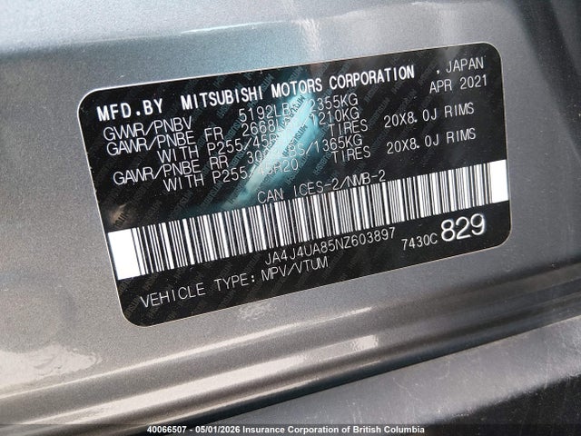 Aukcja sprzedaży 2022 Mitsubishi Outlander Se/black Edition, vin: JA4J4UA85NZ603897, numer aukcji: 40066507