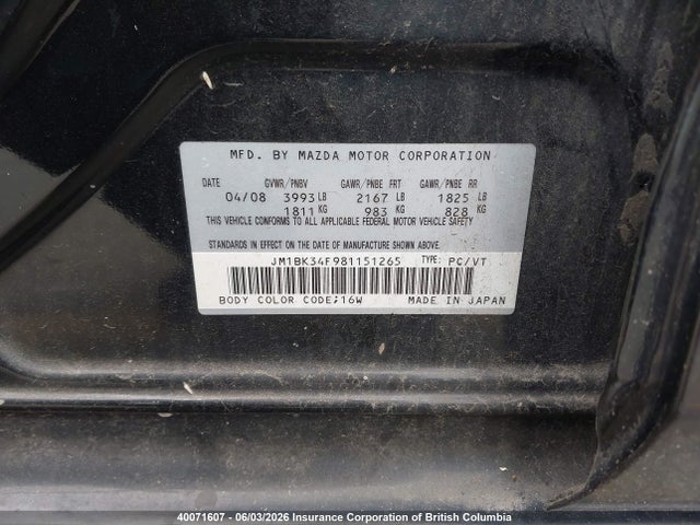 Aukcja sprzedaży 2008 Mazda 3 I, vin: JM1BK34F981151265, numer aukcji: 40071607