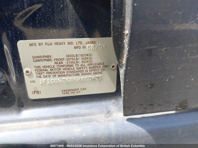 40071608 :رقم المزاد ، JF1GG67585H807475 vin ، 2005 Subaru Impreza Rs مزاد بيع