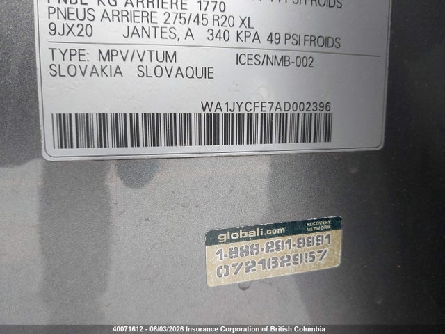 40071612 :رقم المزاد ، WA1JYCFE7AD002396 vin ، 2010 Audi Q7 مزاد بيع
