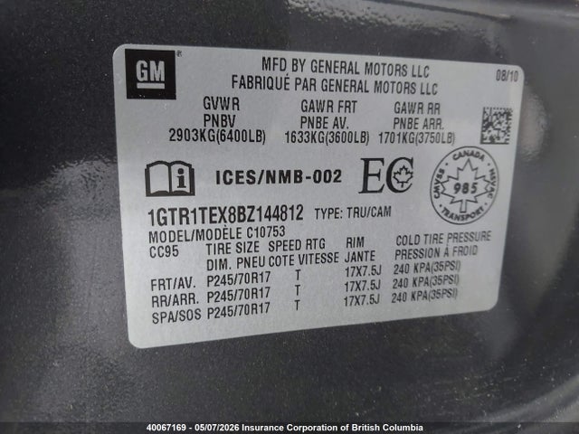 40067169 :رقم المزاد ، 1GTR1TEX8BZ144812 vin ، 2011 Gmc Sierra C1500 مزاد بيع