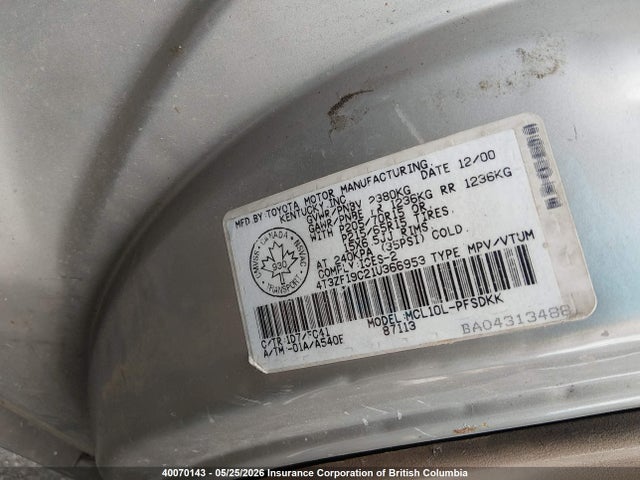 40070143 :رقم المزاد ، 4T3ZF19C21U366953 vin ، 2001 Toyota Sienna Ce مزاد بيع