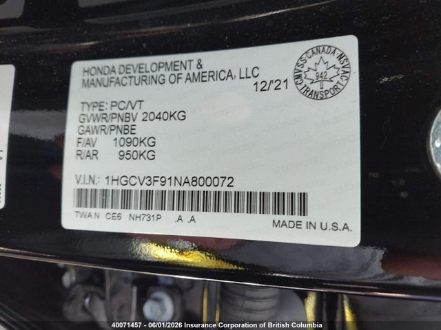 40071457 :رقم المزاد ، 1HGCV3F91NA800072 vin ، 2022 Honda Accord Touring Hybrid مزاد بيع