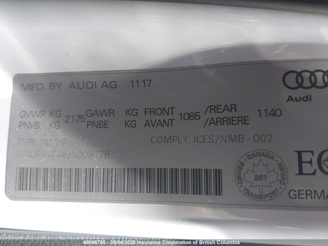 Aukcja sprzedaży 2018 Audi A4 Prestige, vin: WAUFNAF46JN008178, numer aukcji: 40066785