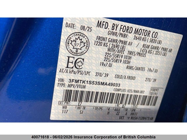 40071618 :رقم المزاد ، 3FMTK1S53SMA49033 vin ، 2025 Ford Mustang Mach-e Select مزاد بيع