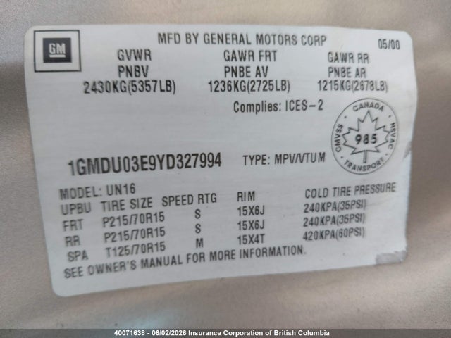 Продаж на аукціоні авто 2000 Pontiac Montana, vin: 1GMDU03E9YD327994, номер лоту: 40071638