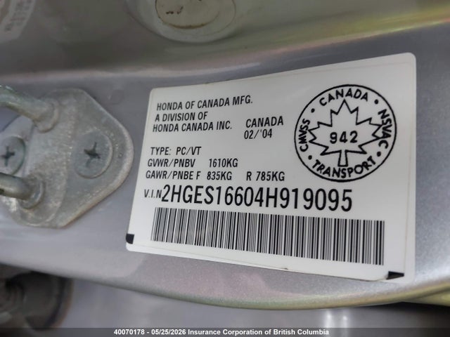 Продаж на аукціоні авто 2004 Honda Civic Lx, vin: 2HGES16604H919095, номер лоту: 40070178
