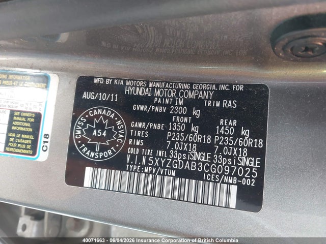 Aukcja sprzedaży 2012 Hyundai Santa Fe Gls, vin: 5XYZGDAB3CG097025, numer aukcji: 40071663