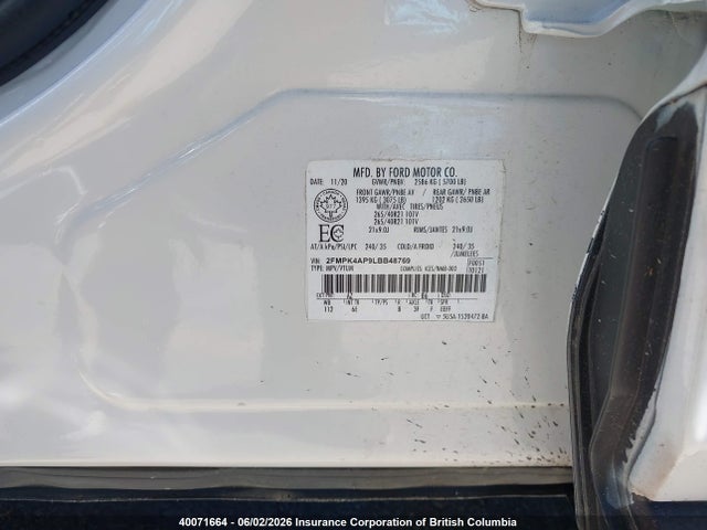 40071664 :رقم المزاد ، 2FMPK4AP9LBB48769 vin ، 2020 Ford Edge مزاد بيع