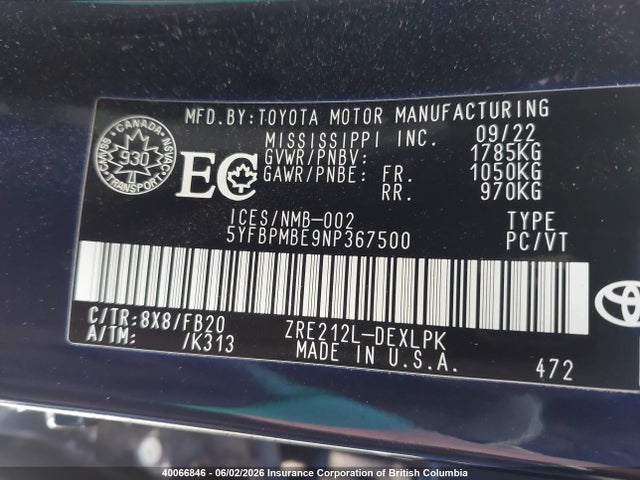 40066846 :رقم المزاد ، 5YFBPMBE9NP367500 vin ، 2022 Toyota Corolla Le/xle مزاد بيع