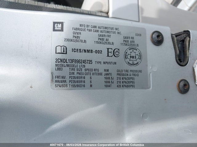 Aukcja sprzedaży 2009 Chevrolet Equinox Ls, vin: 2CNDL13F896245725, numer aukcji: 40071670