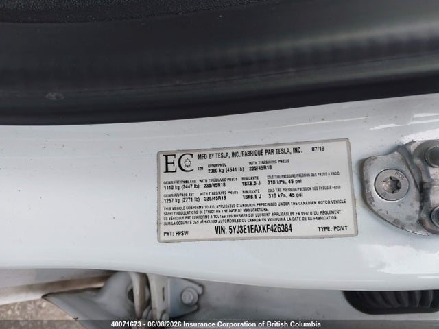 Tesla MODEL 3 2019 5YJ3E1EAXKF426384 Image 9