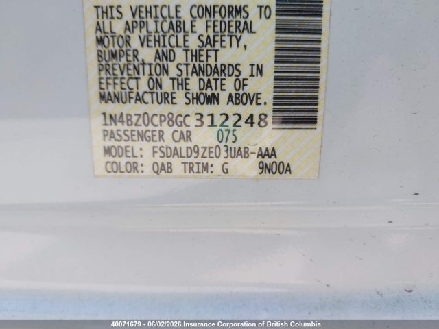 40071679 :رقم المزاد ، 1N4BZ0CP8GC312248 vin ، 2016 Nissan Leaf مزاد بيع
