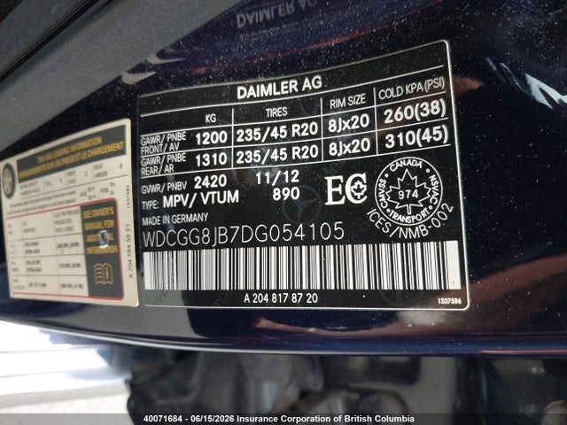 40071684 :رقم المزاد ، WDCGG8JB7DG054105 vin ، 2013 Mercedes-benz Glk 350 4matic مزاد بيع
