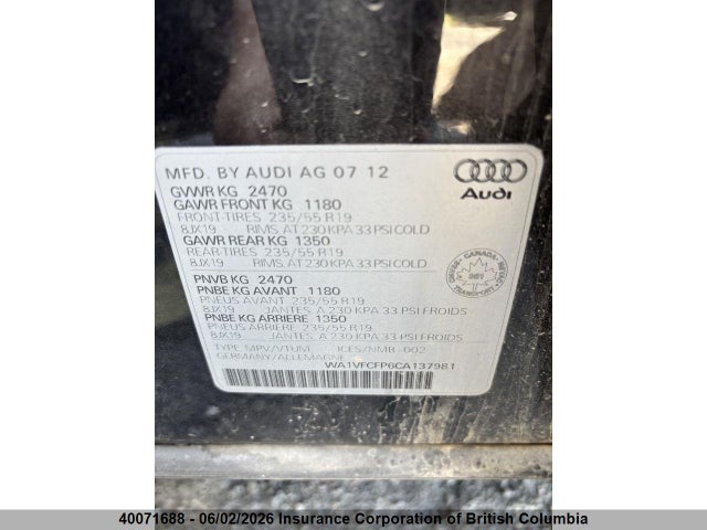 Aukcja sprzedaży 2012 Audi Q5, vin: WA1VFCFP6CA137981, numer aukcji: 40071688
