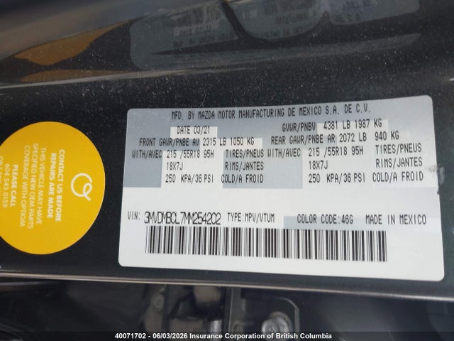 Auction sale of the 2021 Mazda Cx-30, vin: 3MVDMBCL7MM254202, lot number: 40071702