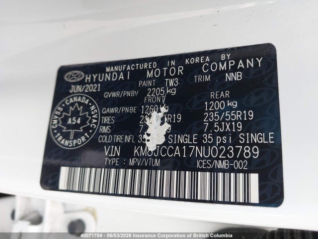 Продаж на аукціоні авто 2022 Hyundai Tucson Luxury/ultimate, vin: KM8JCCA17NU023789, номер лоту: 40071704