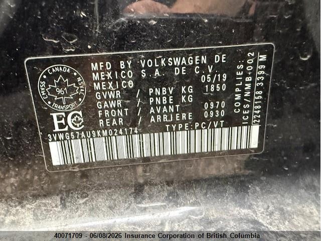 3VWG57AU9KM024174 Volkswagen Golf
