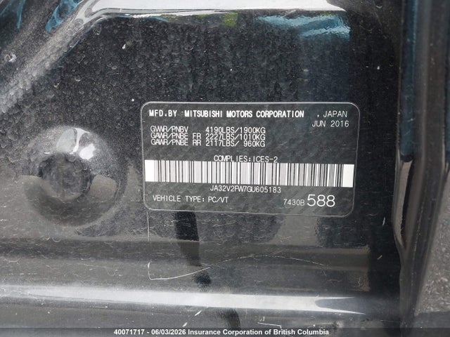 Aukcja sprzedaży 2016 Mitsubishi Lancer Es/gts/se Ltd, vin: JA32V2FW7GU605183, numer aukcji: 40071717