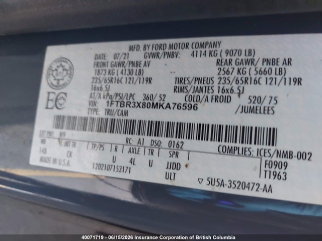 1FTBR3X80MKA76596 Ford Transit T-250