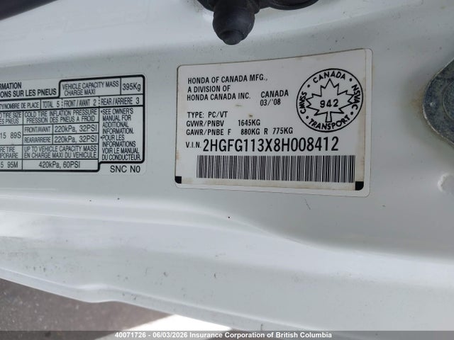 Aukcja sprzedaży 2008 Honda Civic, vin: 2HGFG113X8H008412, numer aukcji: 40071726
