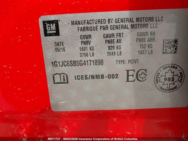 Aukcja sprzedaży 2016 Chevrolet Sonic, vin: 1G1JC6SB5G4171898, numer aukcji: 40071727