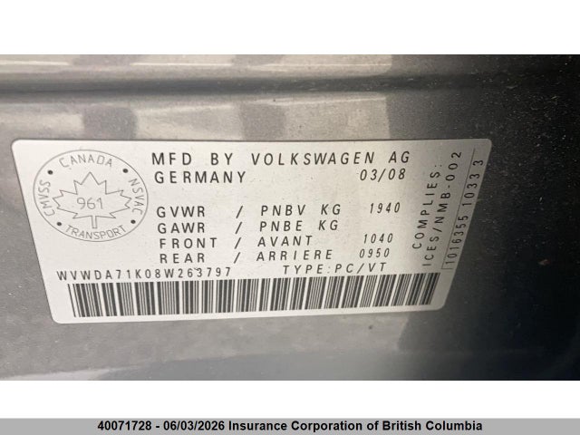 40071728 :رقم المزاد ، WVWDA71K08W263797 vin ، 2008 Volkswagen Rabbit 5-door Trendline مزاد بيع