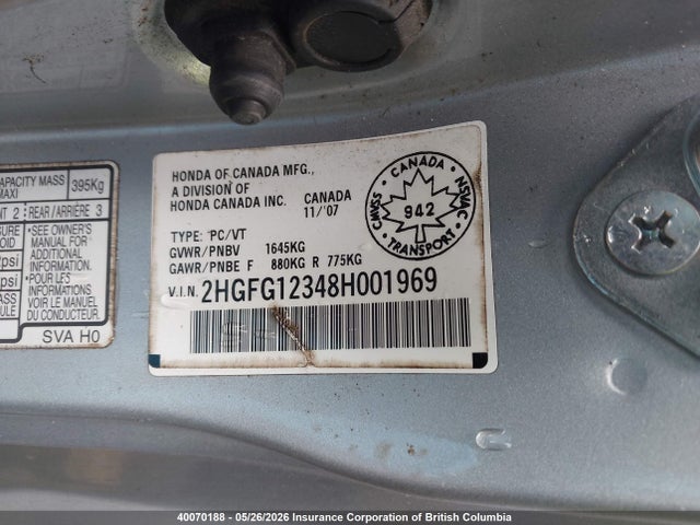 40070188 :رقم المزاد ، 2HGFG12348H001969 vin ، 2008 Honda Civic Dx-g مزاد بيع