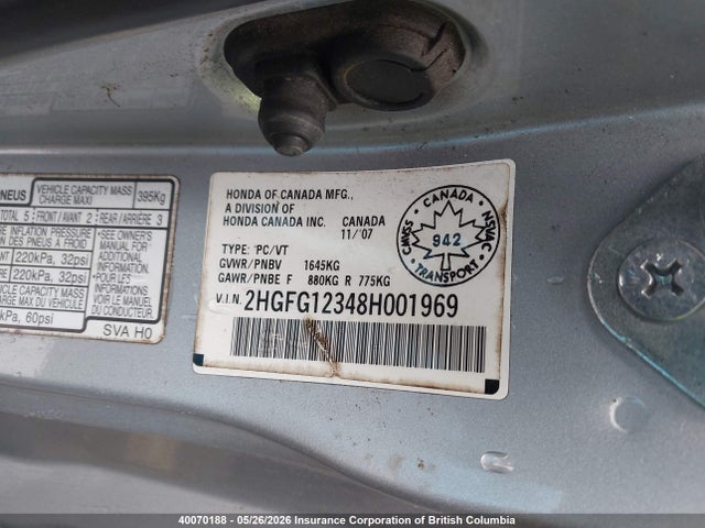 40070188 :رقم المزاد ، 2HGFG12348H001969 vin ، 2008 Honda Civic Dx-g مزاد بيع
