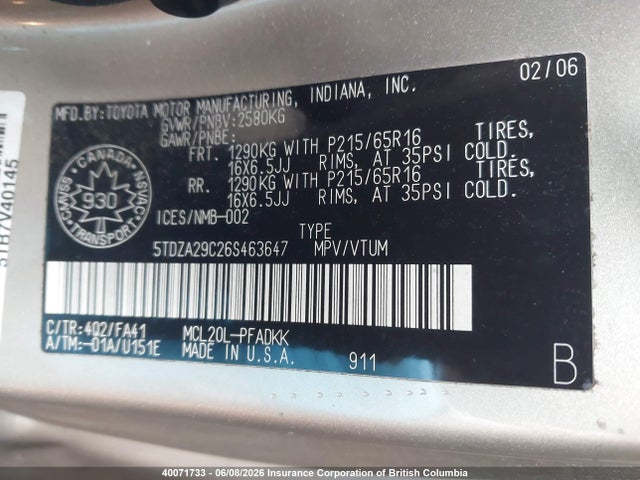 Aukcja sprzedaży 2006 Toyota Sienna Ce, vin: 5TDZA29C26S463647, numer aukcji: 40071733