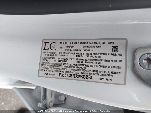 Aukcja sprzedaży 2022 Tesla Model 3 Rwd/standard Range, vin: 5YJ3E1EA3NF330598, numer aukcji: 40071743