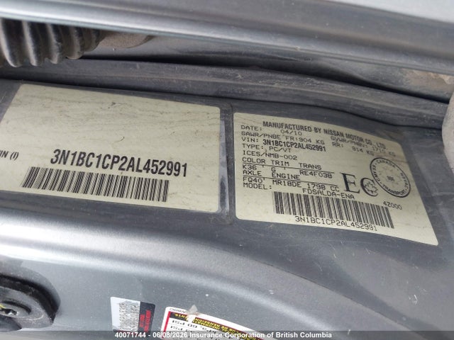 40071744 :رقم المزاد ، 3N1BC1CP2AL452991 vin ، 2010 Nissan Versa مزاد بيع